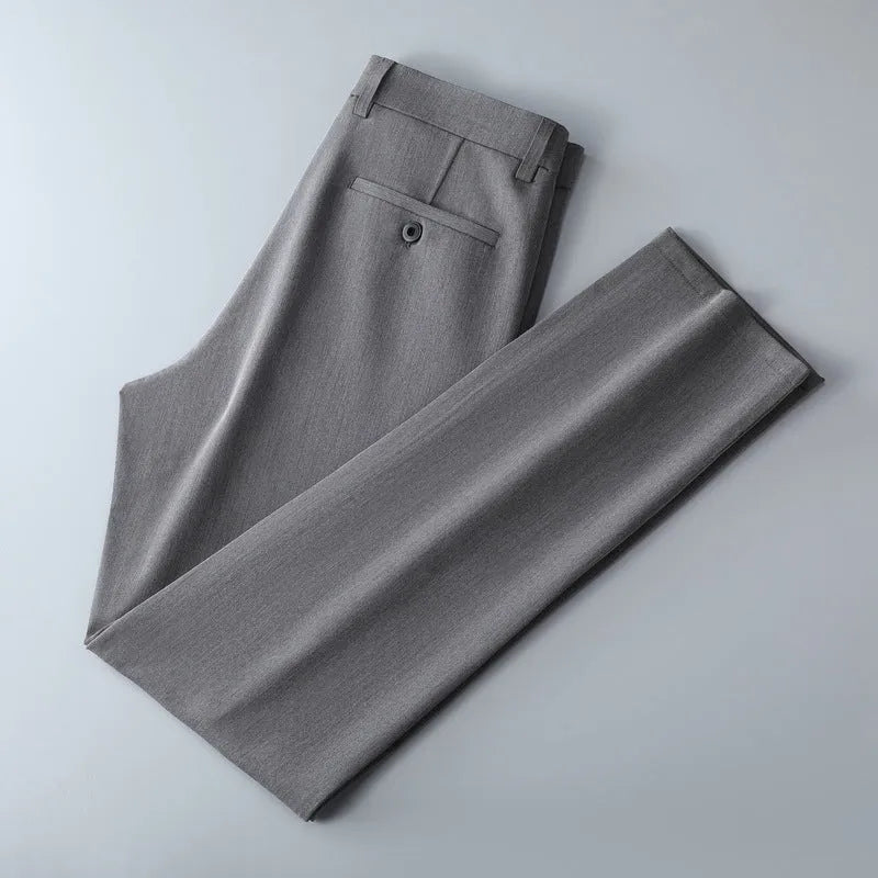Men's spinning summer business casual trousers in solid colour black, polyester fabric, micro elastic waist, sizes 29-40