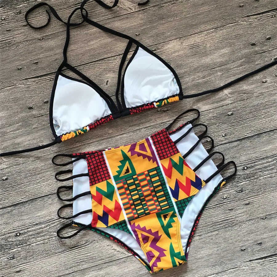 Women's high-waist digital print bikini swimsuit set with quick-drying fabric.
