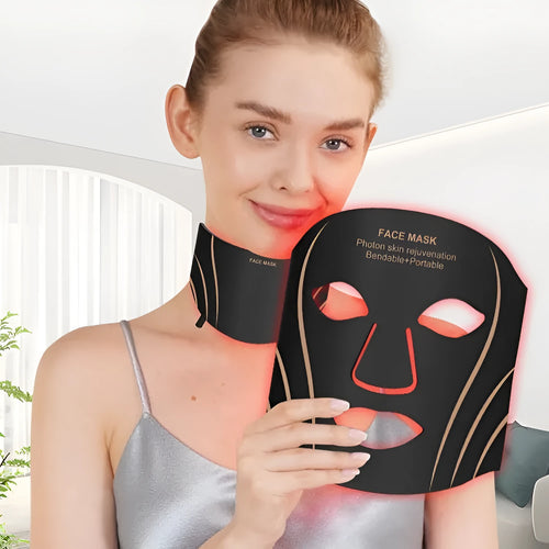 Black and gold LED facial beauty mask with headband and touch screen controls.