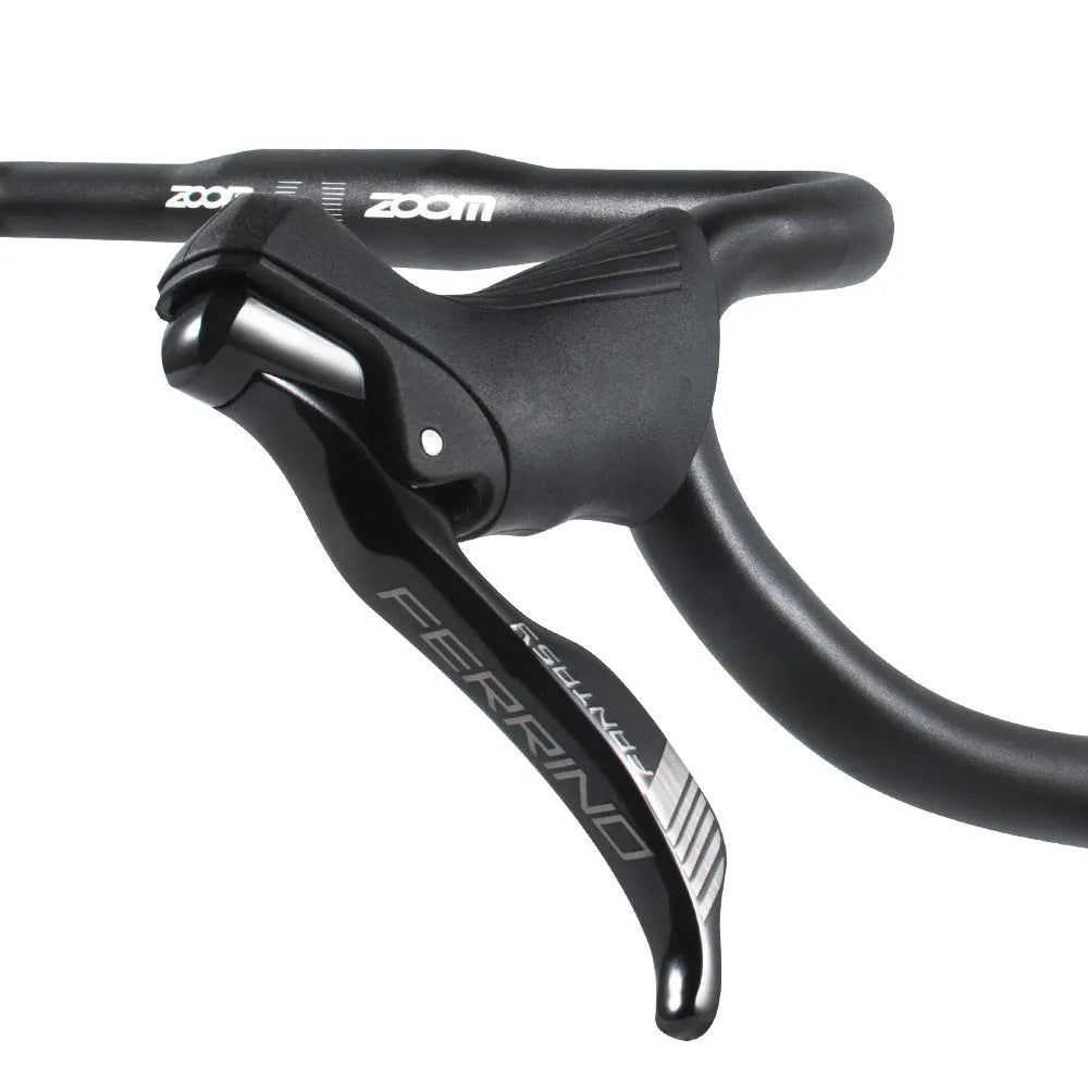 Black aluminium alloy road bike drop handlebar showing 420mm width and 31.8mm clamp area.