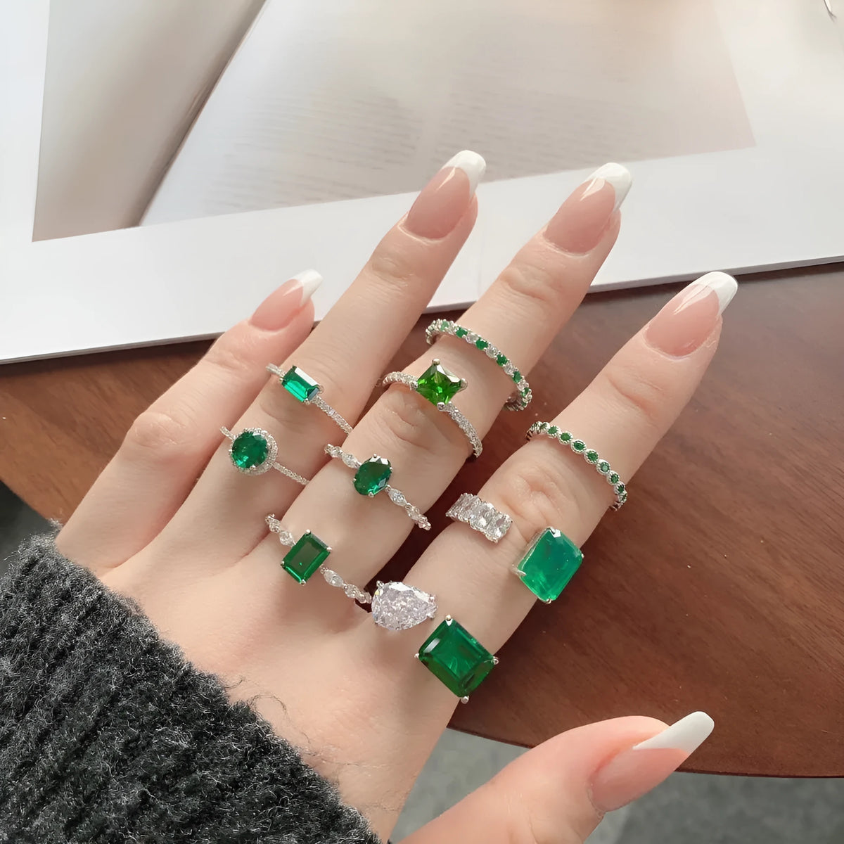 S925 sterling silver emerald zircon ring for women with adjustable open band and geometric round, oval and square grain design