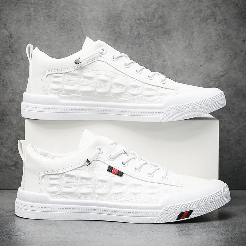 White men's lace-up casual sneakers with a round toe and flat rubber sole