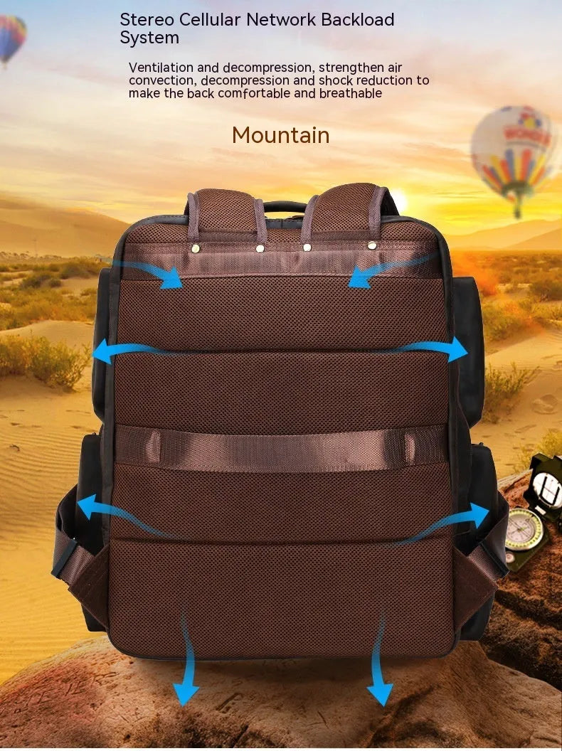 Dark brown Retro Crazy Horse leather backpack for men with a 17-inch laptop compartment open.