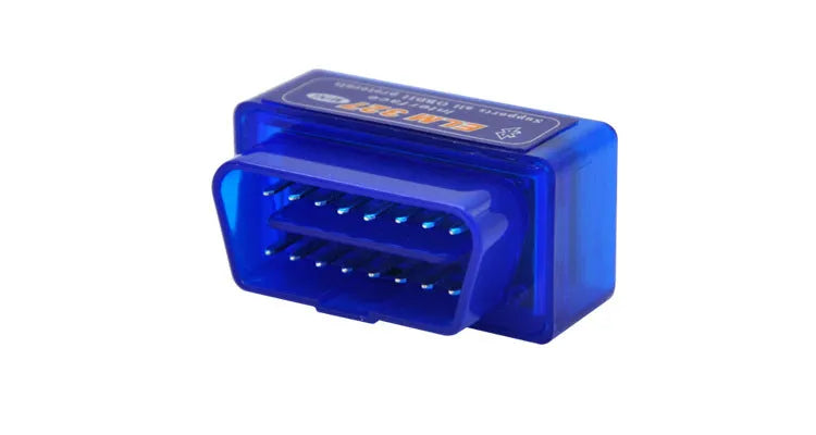 Compact dual-mode ELM327 OBD2 Bluetooth diagnostic scanner for vehicle fault codes.