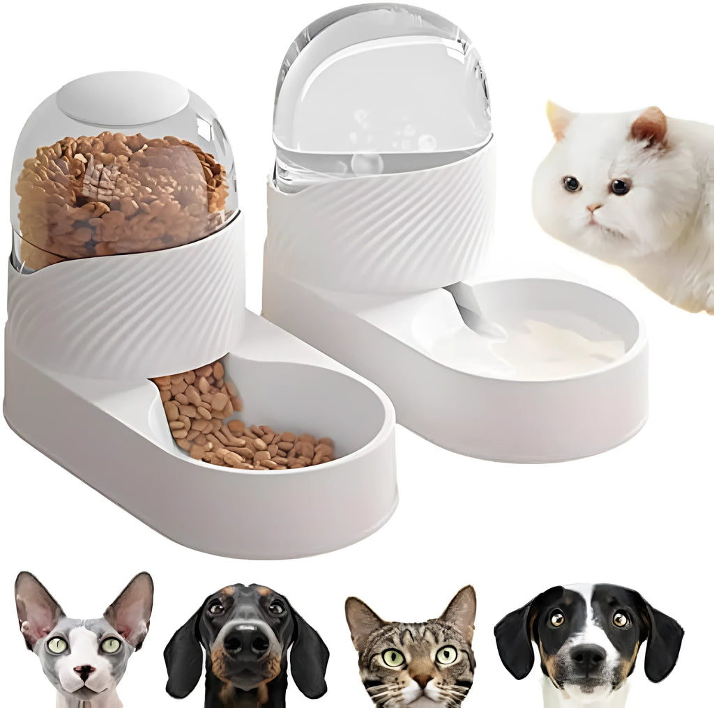 White automatic cat feeder and water dispenser set with wave-pattern design.