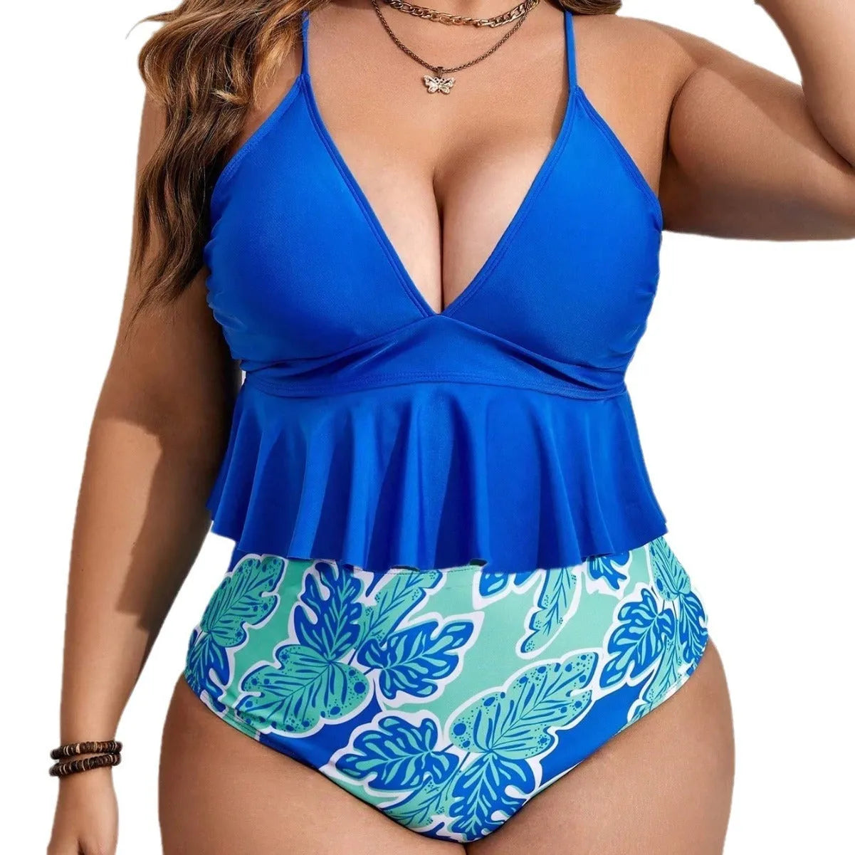 Blue polyester bikini set with top and shorts in extended sizes for European and American body types