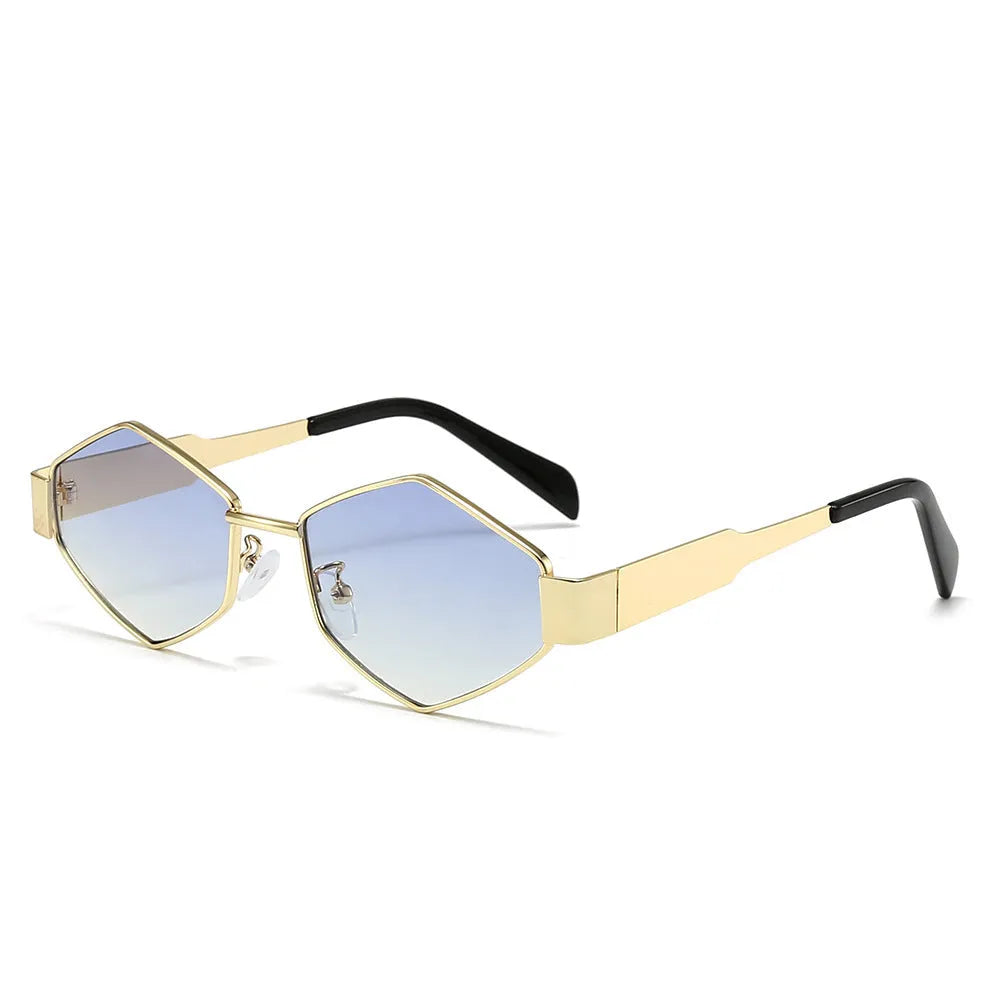 Metal polygon rhombus sunglasses with hexagonal frame in gold and blue lens