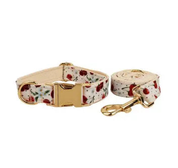 Red cherry printed dog collar and leash set with light gold buckle and bow on cloth material