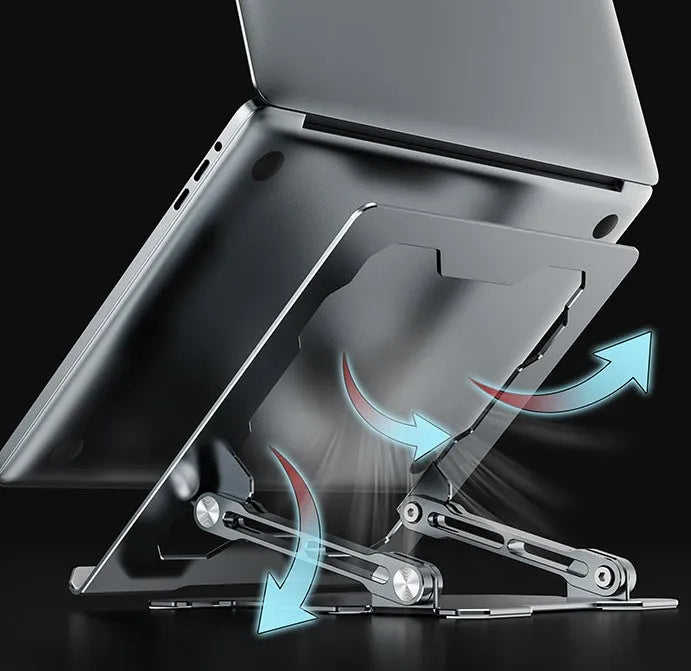 Grey aluminium adjustable laptop stand holding a silver laptop, showing its hollow design and folded position.
