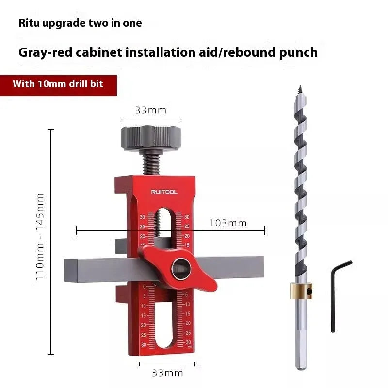 Aluminium alloy cabinet door installation aid tool for woodworking with 10mm drill bit.