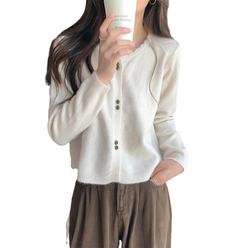 Women's long-sleeved acrylic cardigan coat in beige, black, light purple, pink, or red