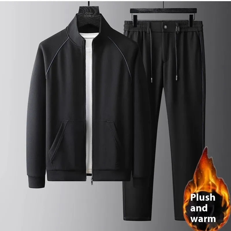 Men's stand collar casual sports suit jacket and trousers in slim fit.