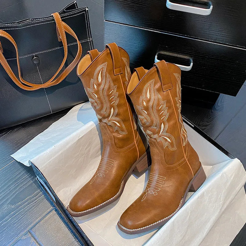 Brown embroidered women's Martin boots with mid-calf length, leather lining and square low heel