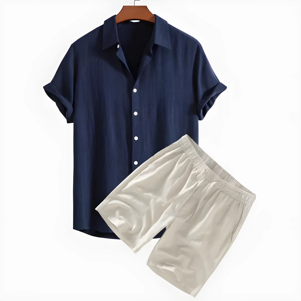Men's solid colour casual short-sleeved shirt and shorts suit set on a hanger.