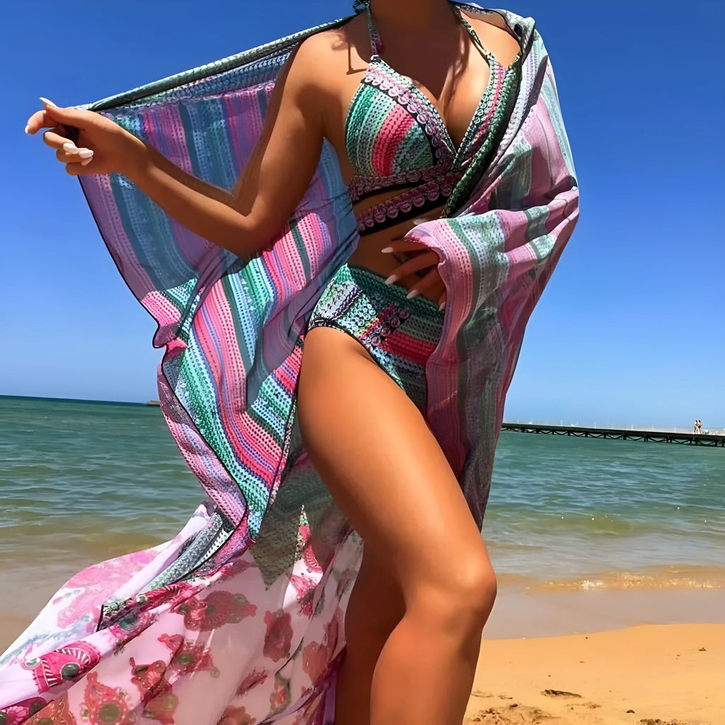 Women's three-piece cross bandage bikini set with high waist panty in polyester fabric