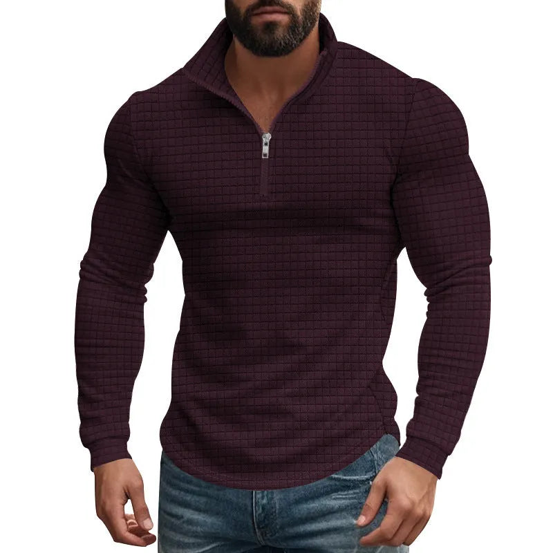 Half zipper small plaid casual stand collar long sleeve sweater in army green on white background