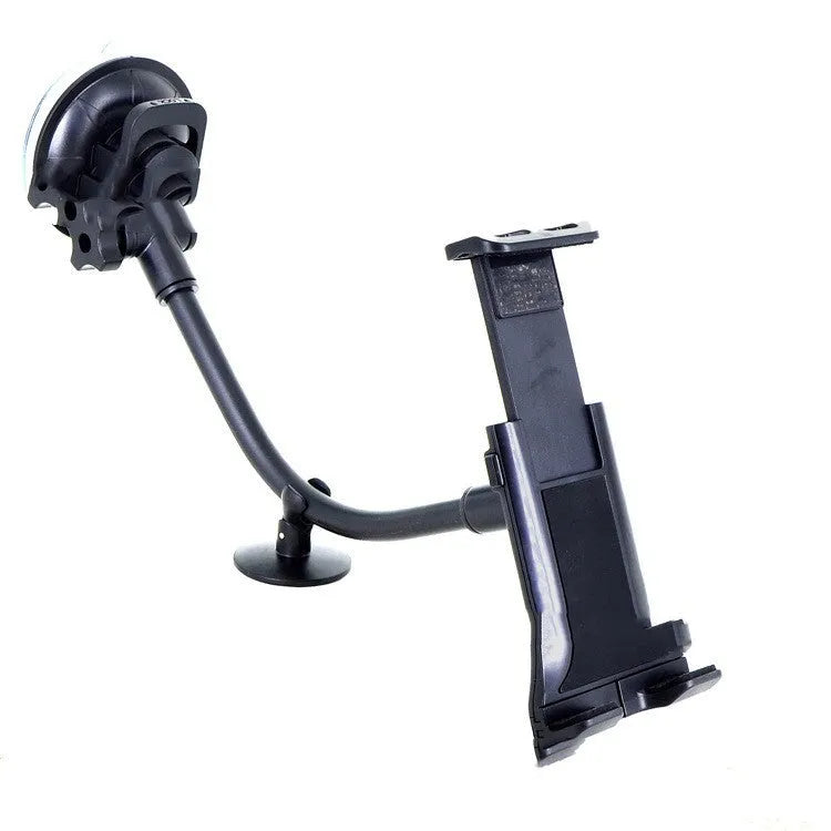 Black vehicle-mounted lifting bracket with long suction cup for 4-12 inch tablets and phones.