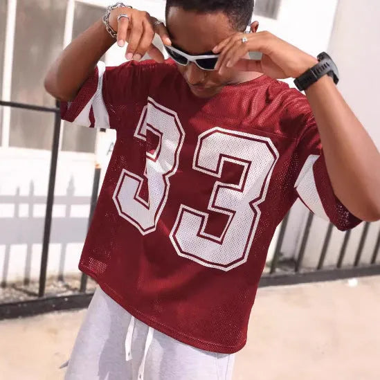 Men's short sleeve mesh sports jersey T-shirt, round neck, loose straight fit, thin polyester bird eye cloth, cartoon pattern