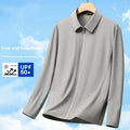 Men's navy blue lapel-collar business shirt for summer, made from nylon and spandex ice silk fabric.
