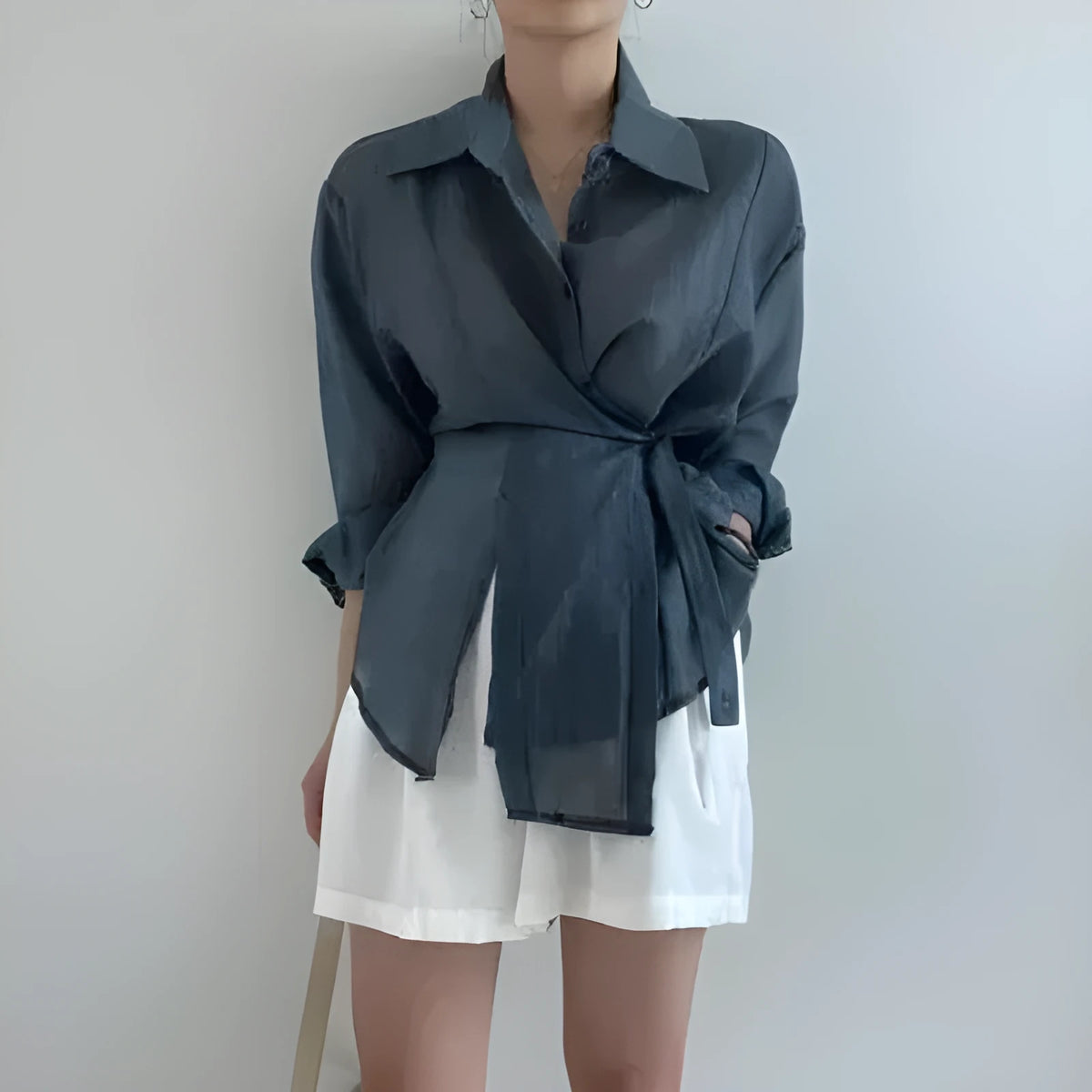 Irregular buckle lapel long sleeve shirt in smoky gray or white, thin polyester top, 50cm length, sizes S to XL