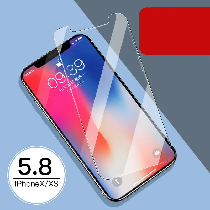 Tempered glass screen and rear protector film for Apple iPhone models on a table.