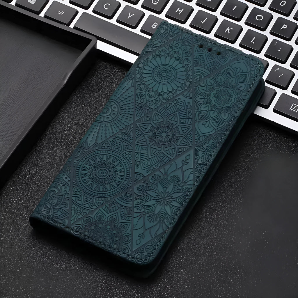 Retro embossing suction leather phone case with bracket for iPhone in black imitation leather