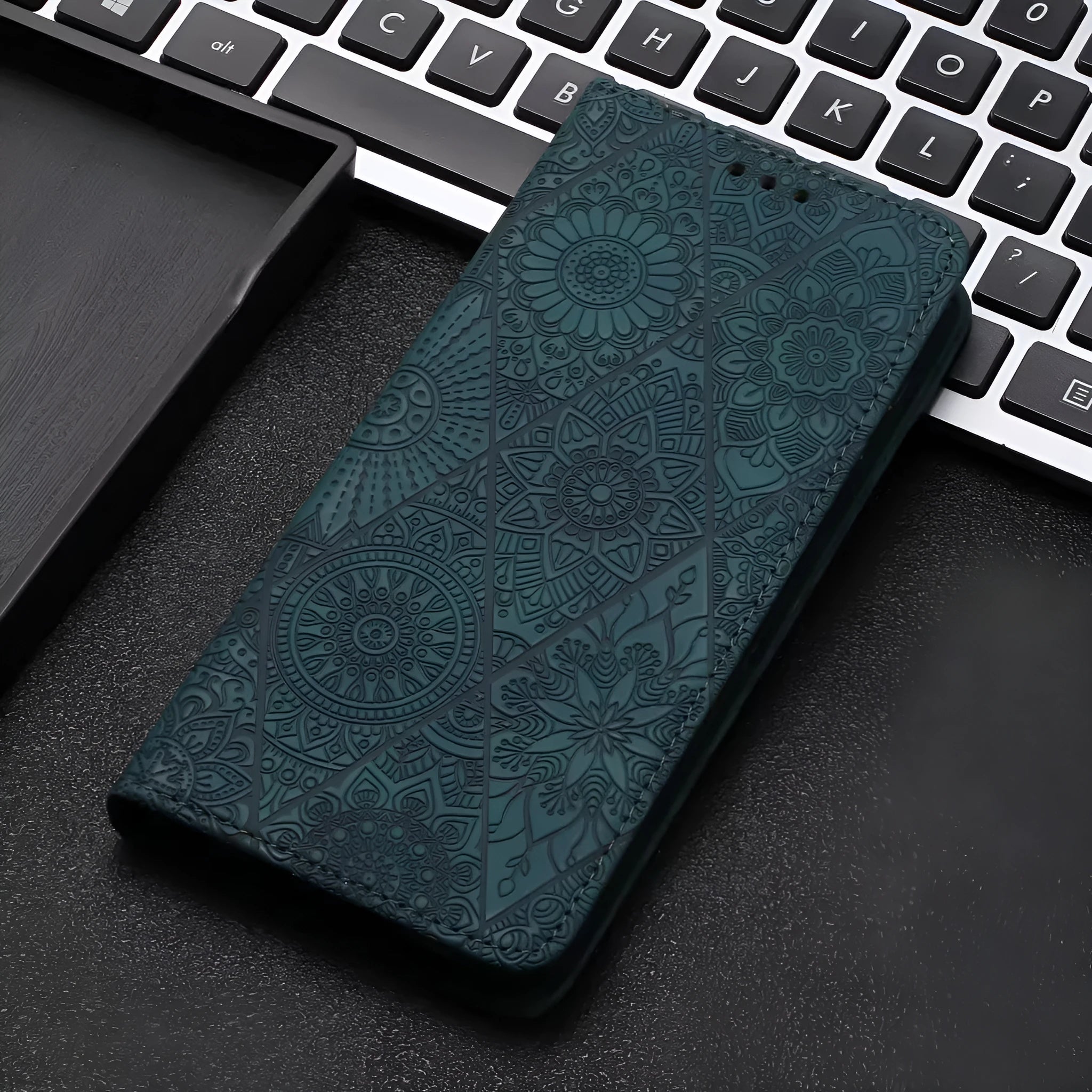 Retro embossing suction leather phone case with bracket for iPhone in black imitation leather