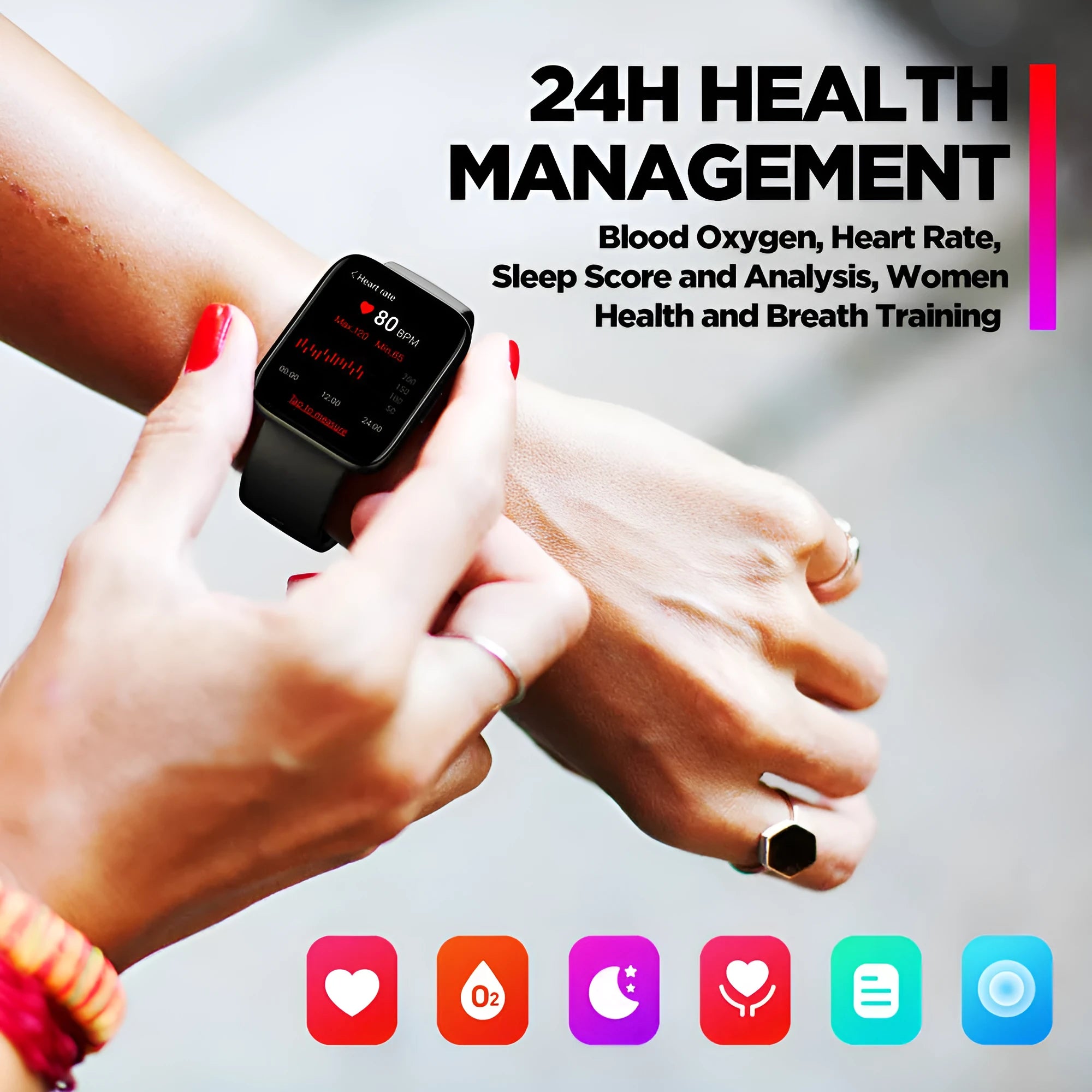 Black GPS sports smart watch with 1.78 inch LCD display and rubber strap on a white background