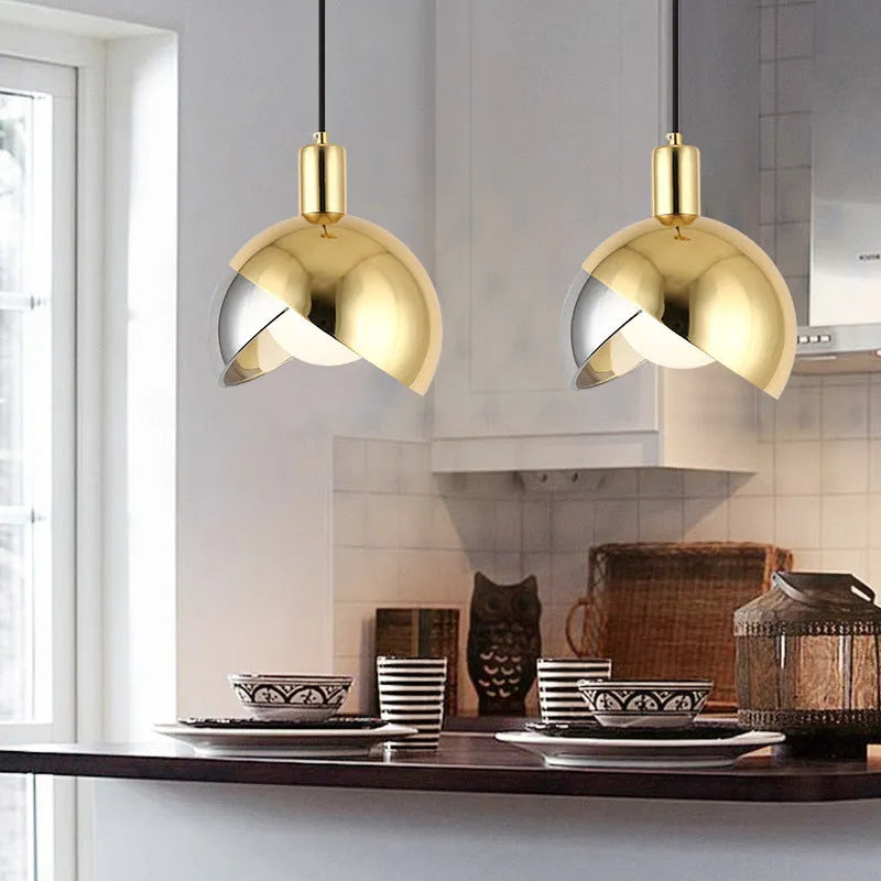 Single head iron droplight ceiling lamp with 20cm drop in gold finish.