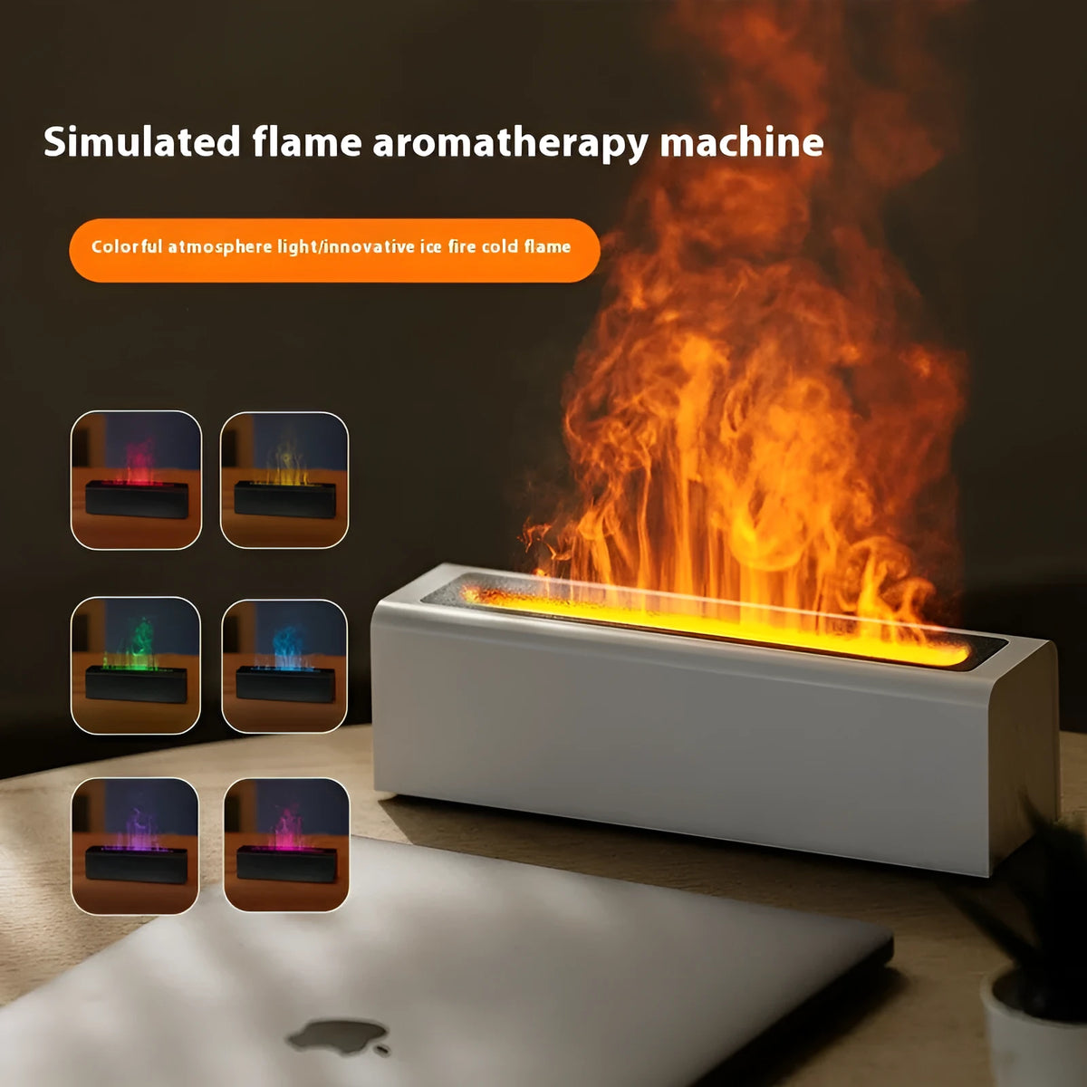 Square USB plug-in aroma diffuser with flame simulation light and humidifier mist.