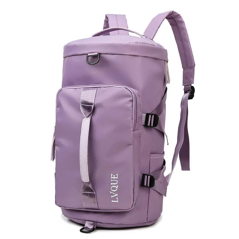 Waterproof nylon gym backpack showing shoe compartment, multiple pockets, and combination lock in blue colour