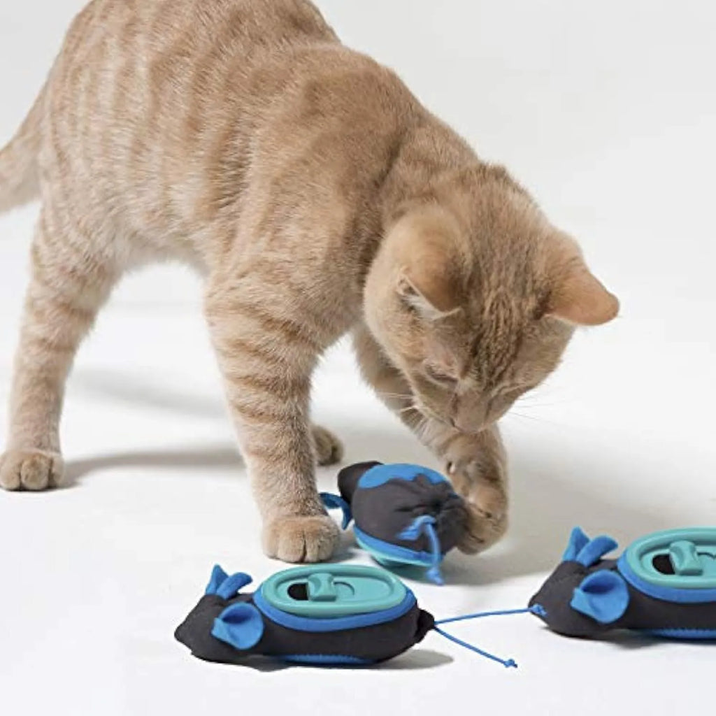 Blue interactive indoor treat dispenser mouse toy for cats with fabric skin and plastic feeder