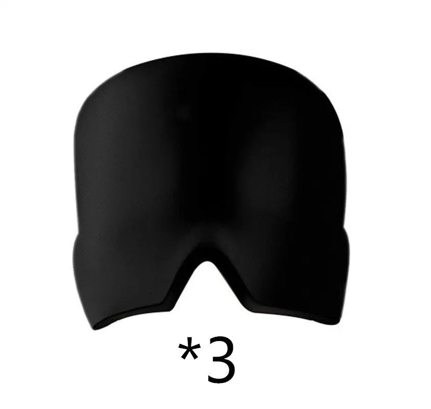Black elastic cloth gel ice headache relief eye mask showing adjustable headband and cooling gel construction