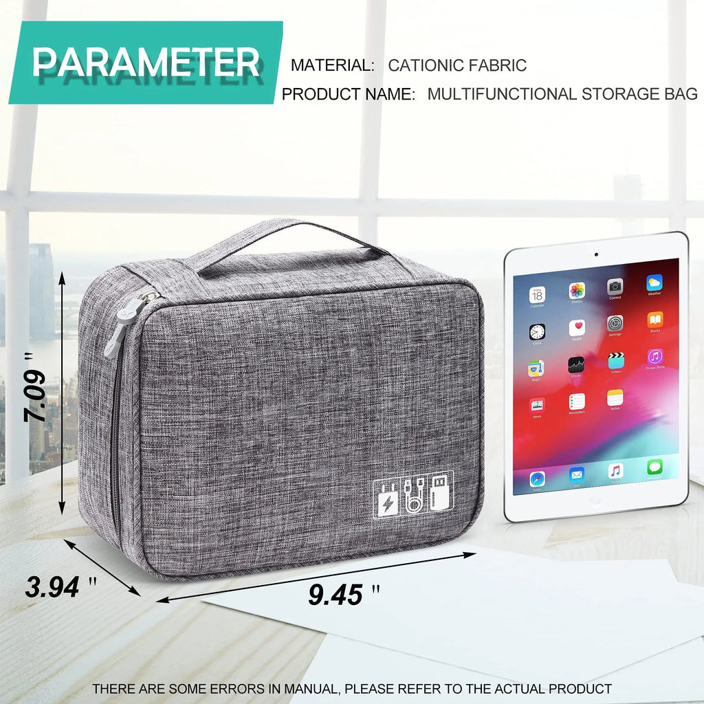 Black travel cable organiser bag with removable dividers and mesh pockets for electronic accessories
