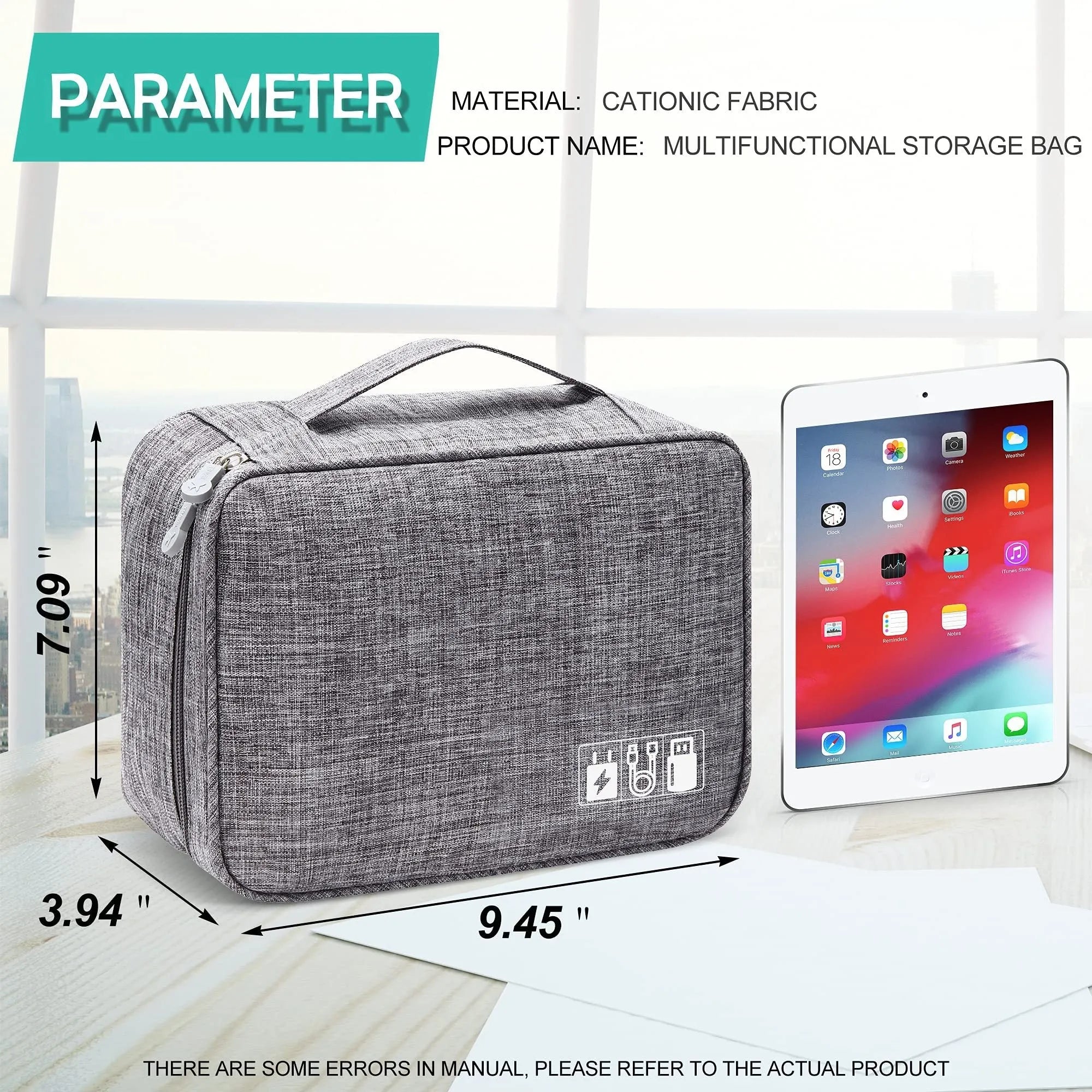 Black travel cable organiser bag with removable dividers and mesh pockets for electronic accessories