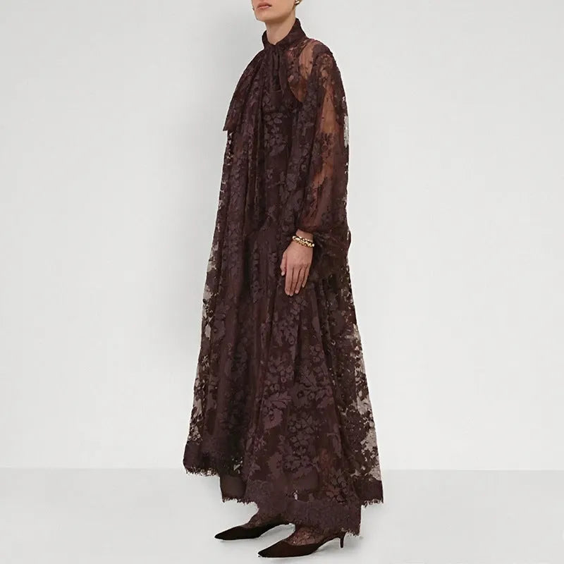 Hollow jacquard lace see-through ribbon A-line long dress with lantern sleeves, polyester, brown apricot purple