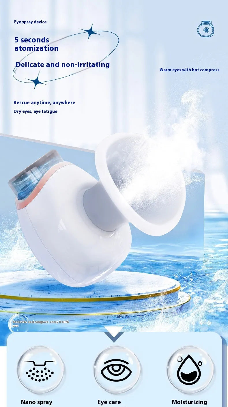 White or purple household eye humidifier device with lithium battery operation and USB charging cable