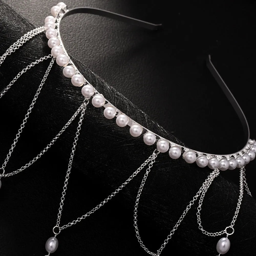 Gold electroplated mesh hair chain with pearl accents and tassel detailing for women