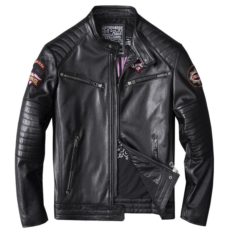 Men's black genuine leather stand collar motorcycle jacket with skull pattern