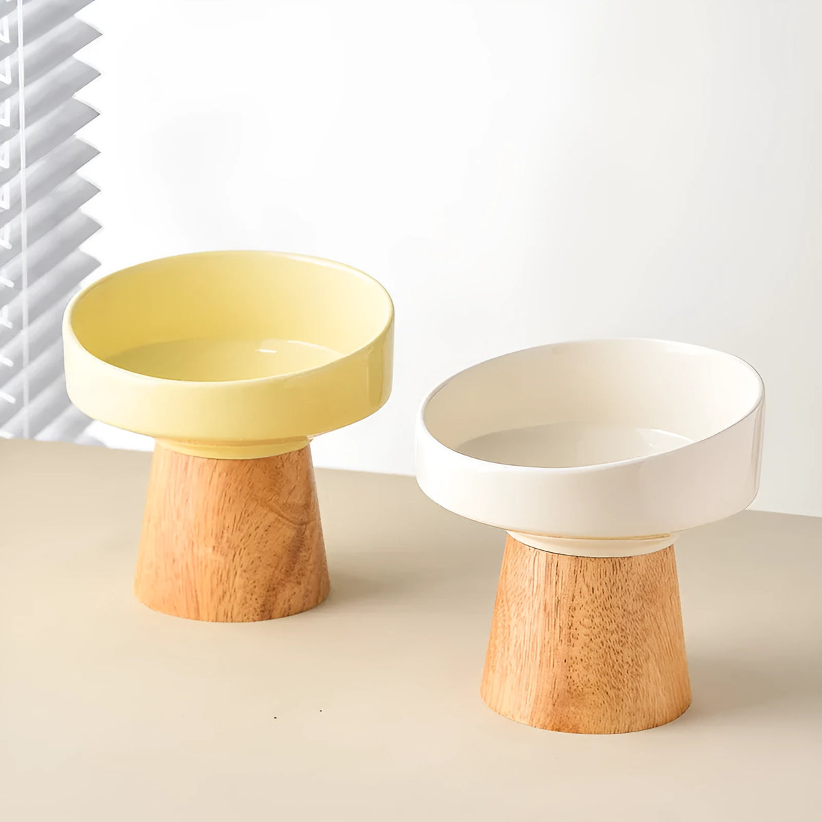 Ceramic pet bowl for cats and small dogs in beige, green, khaki, or yellow, elevated design