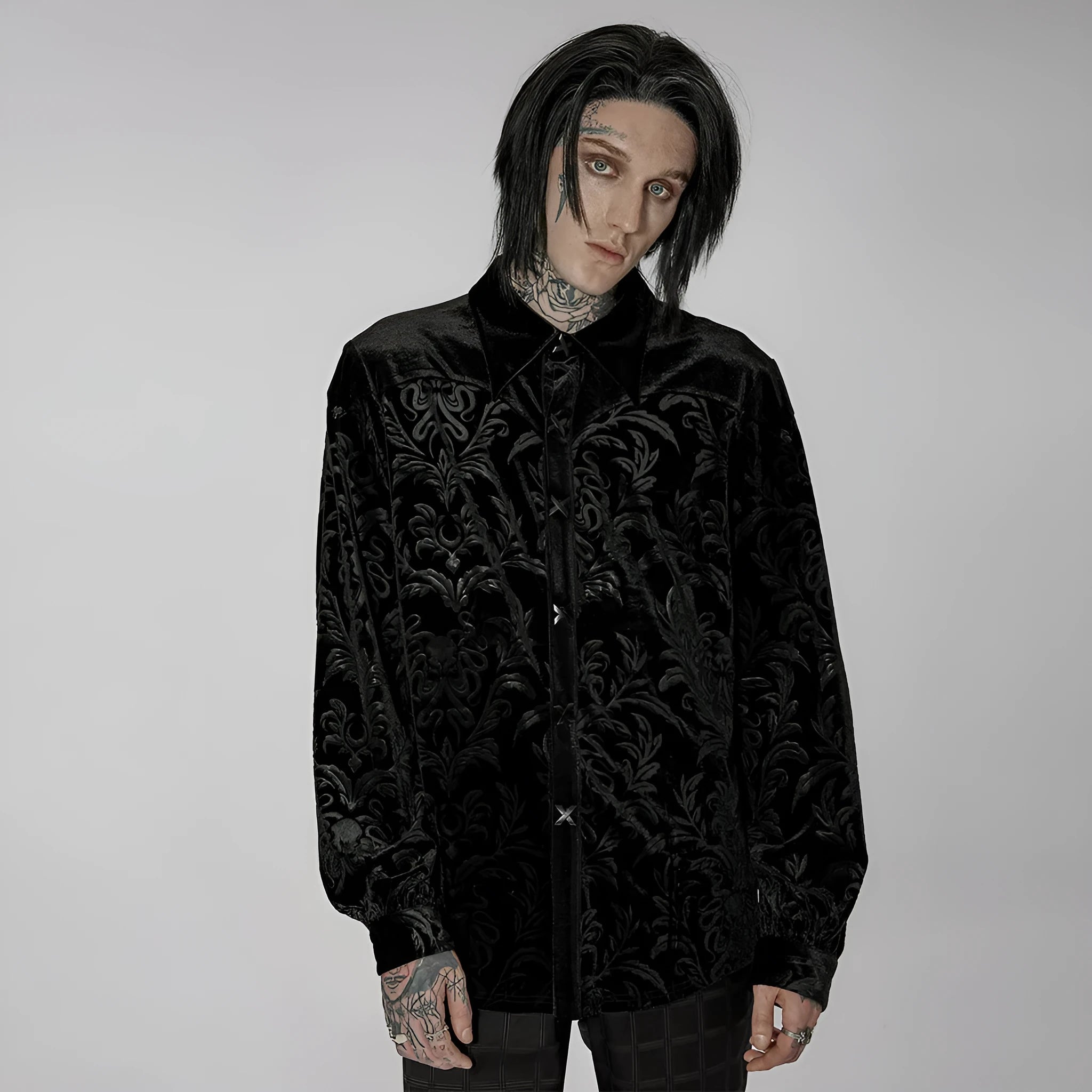Black Gothic style velvet men's shirt with pointed collar, long sleeves, and decorative printing details