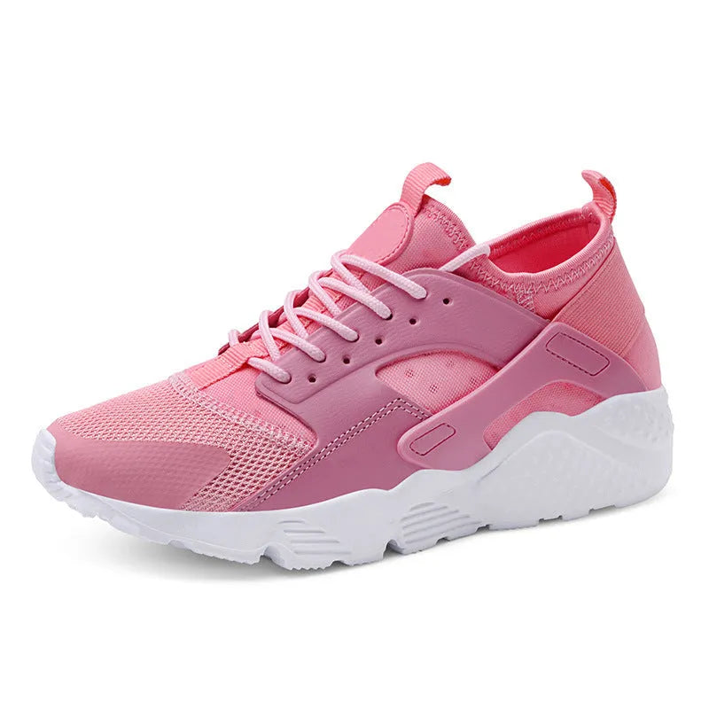 Women's lightweight mesh trainers with flat heel and shallow mouth, shown in white, black, army green, black and white, and pink