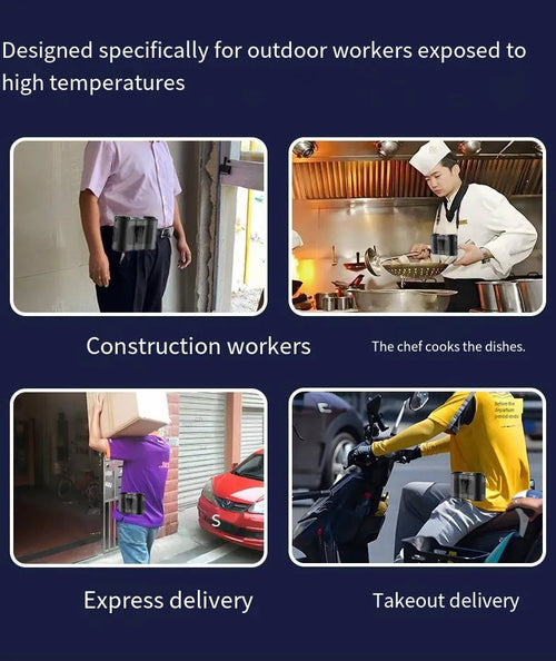 Black waist-hung personal fan with neck lanyard attached, showing the five-blade turbine and top control button.