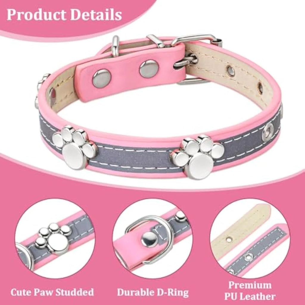 Reflective adjustable leather dog collar for small medium large dogs with cute paw rivet and metal buckle.