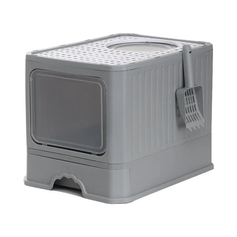 Large double door drawer foldable cat litter basin in PP, 50x38x39cm, grey colour with cat shovel