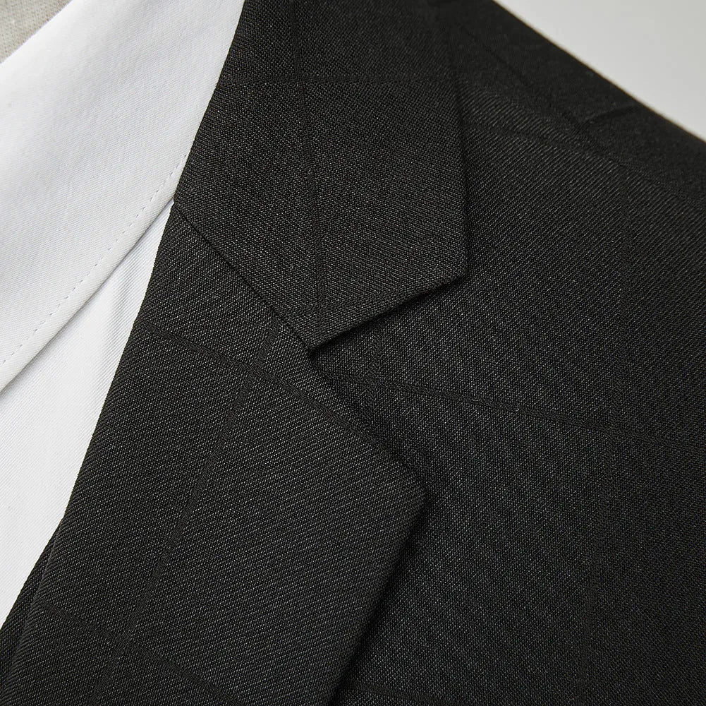 Men's navy blue plaid slim fit three-piece business casual suit on a hanger.