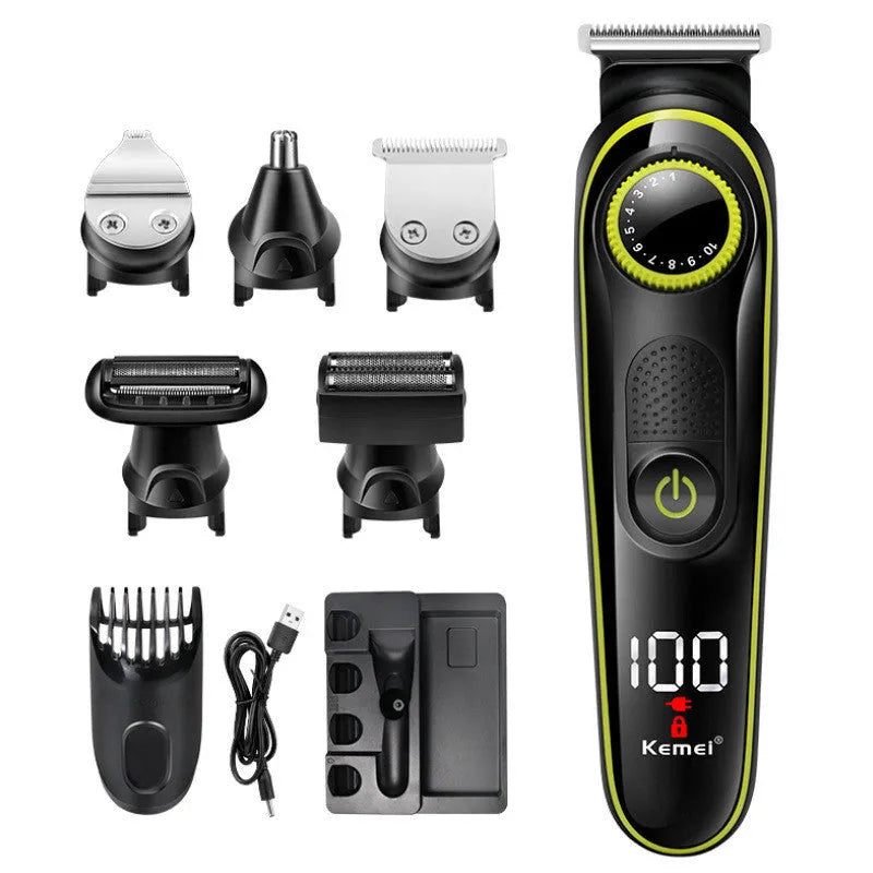 Black KM-696 rechargeable electric hair clipper set with USB cable and stainless steel blades.
