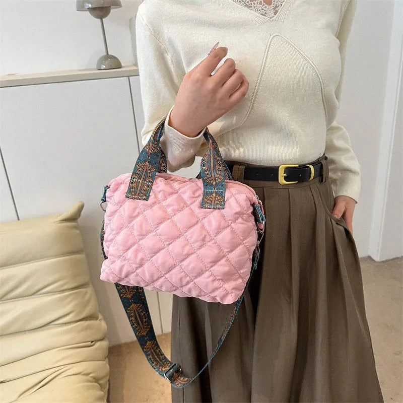 Soft Oxford cloth shoulder messenger bag with embroidery design and internal phone pocket in horizontal square shape