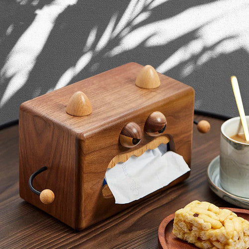 Cartoon little monster design wooden tissue box in walnut beech colour