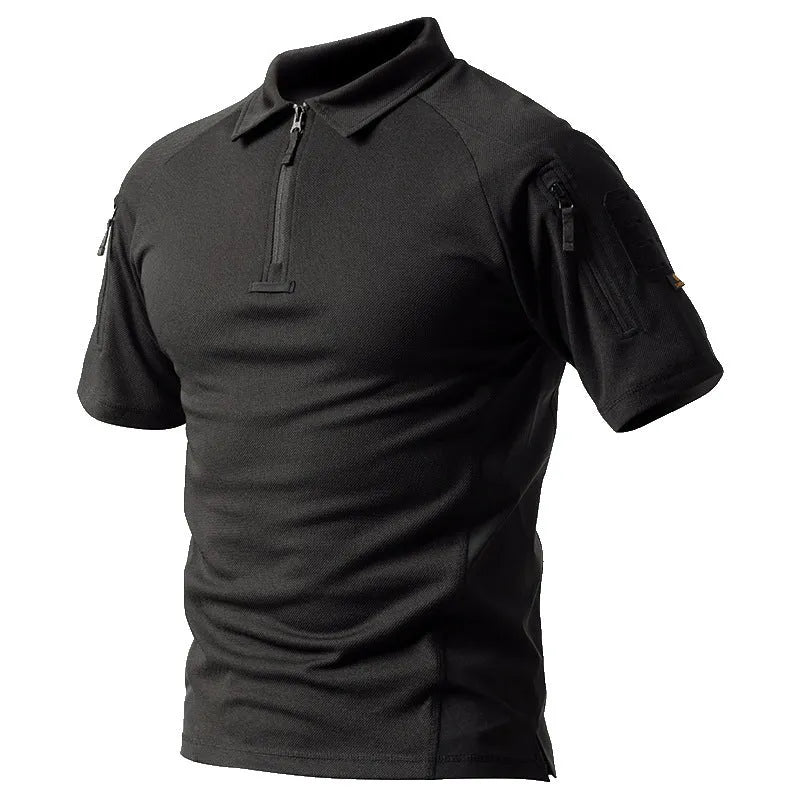 Men's summer light breathable sports T-shirt quick dry short sleeve in black, front view with athletic fit